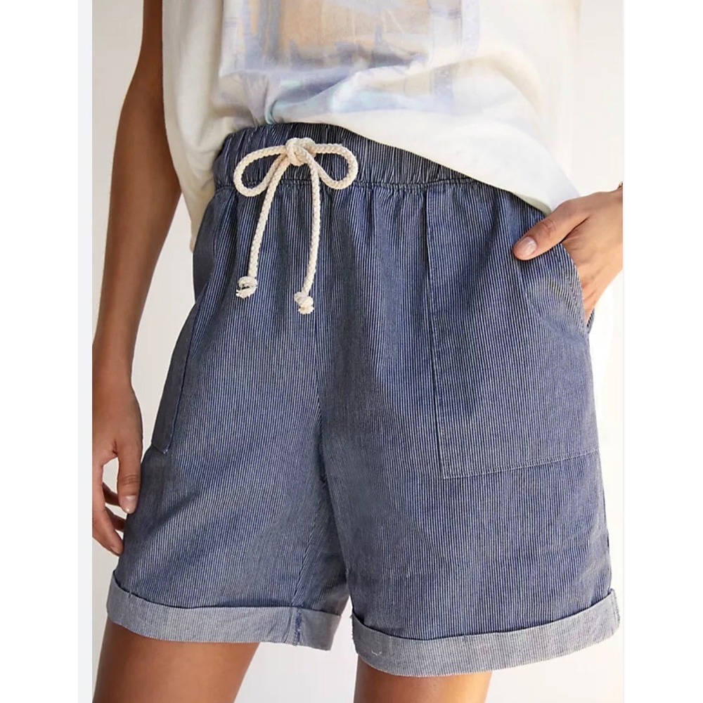Anthropologie Striped Beach Shorts Navy White Drawstring Cotton Medium 7" inseam